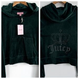 Juicy Couture Pine Green Velour "Big Bling" Crown Hoodie – Size XL
